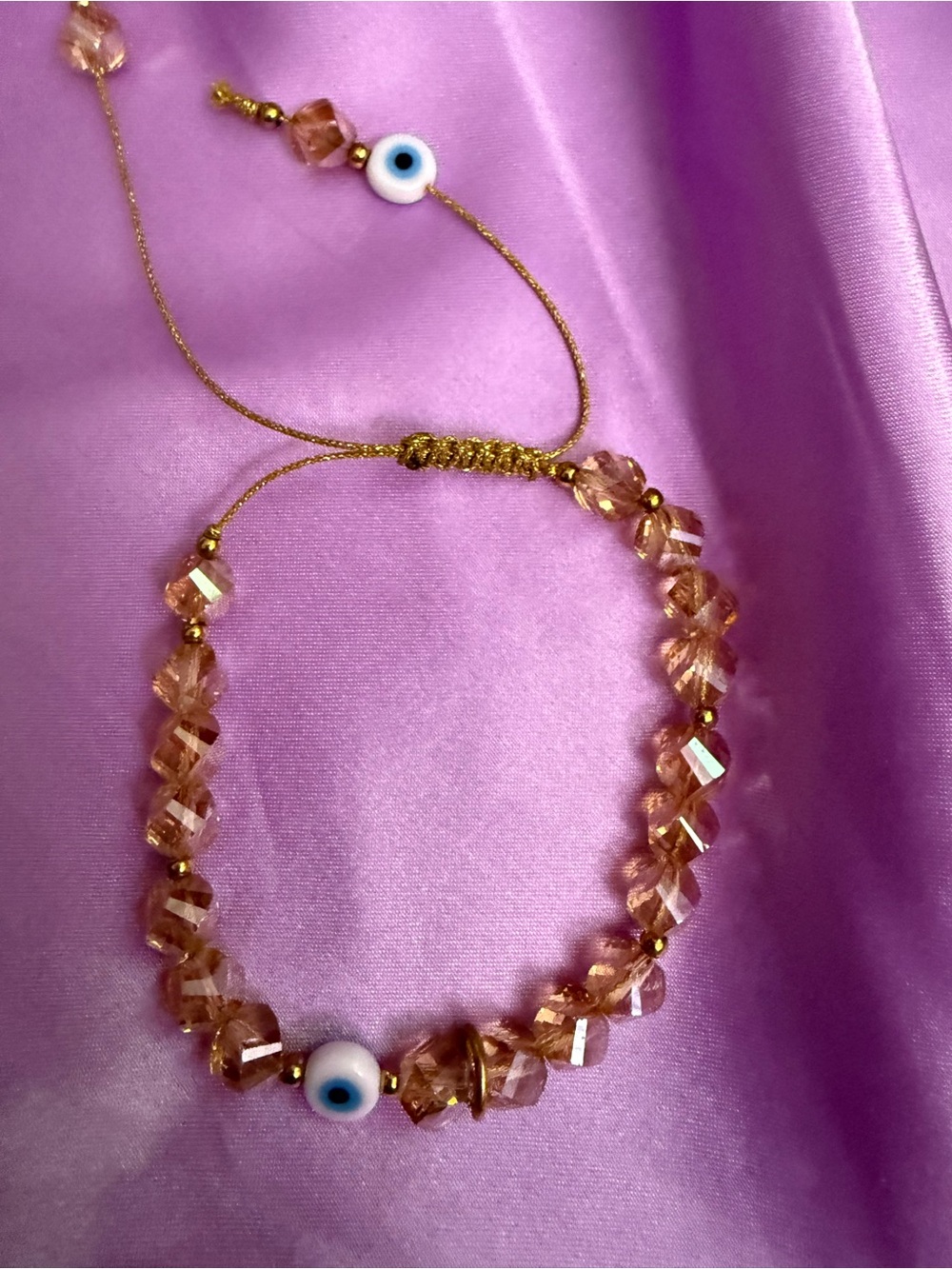 5/25 Gold Cord Pink Crystal Bracelet with Evil Eye Charm